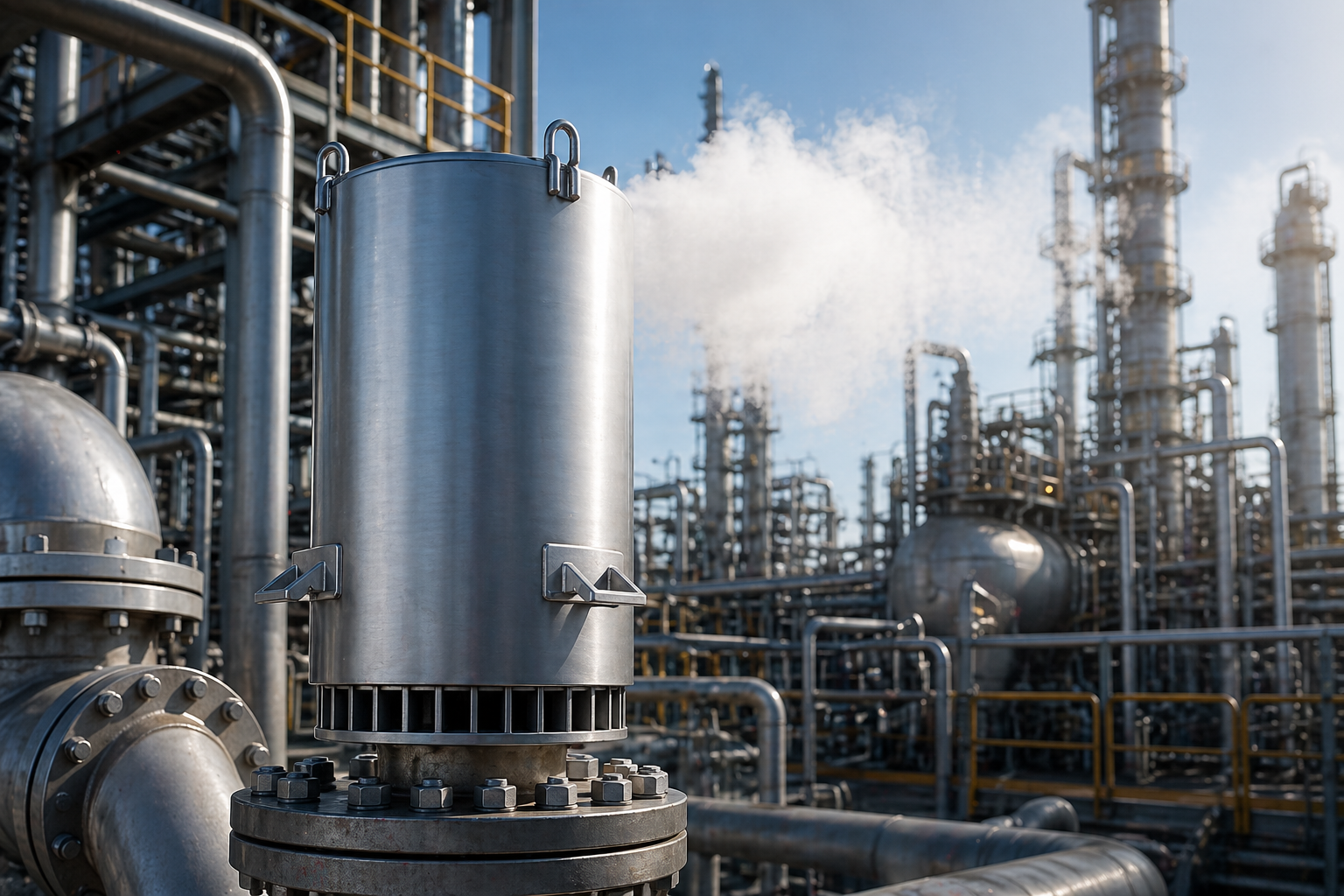 Industrial valve silencer installed in a refinery steam and gas relief system