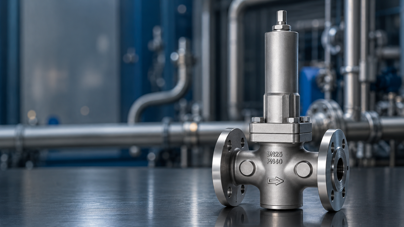 Straight pattern pressure relief valve installed in an in-line piping layout