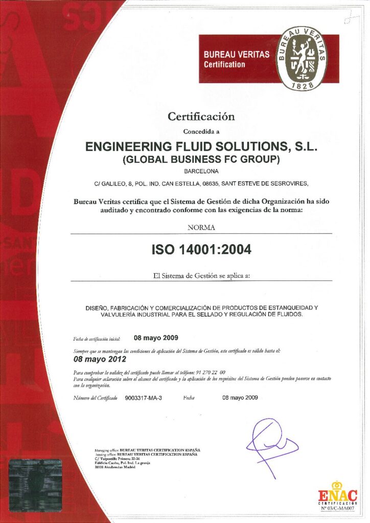 Certificat ISO 14001 2004 ENAC d’Engineering Fluid Solutions pour gestion environnementale