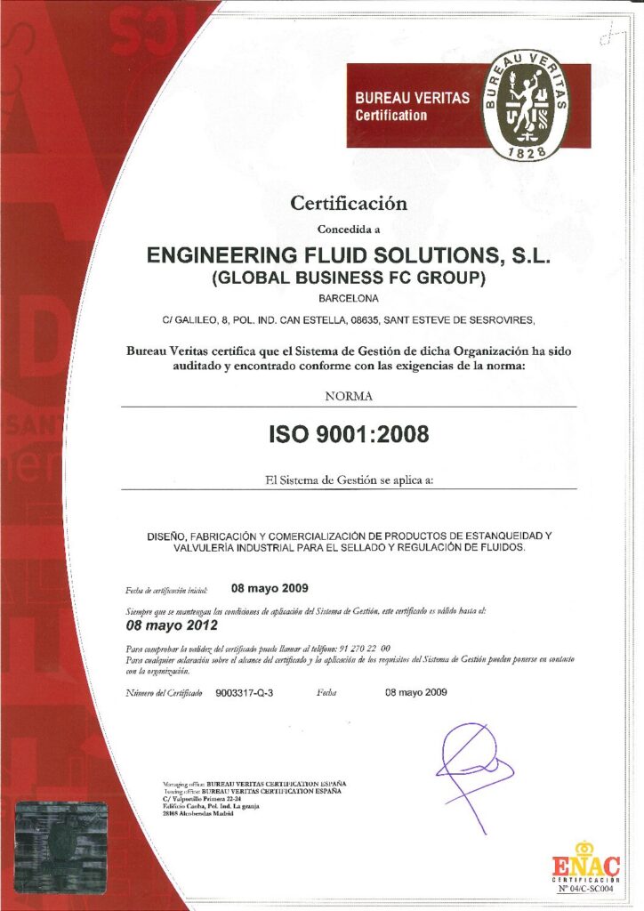 Certificat ISO 9001 2008 ENAC d’Engineering Fluid Solutions pour robinetterie industrielle et solutions d’étanchéité