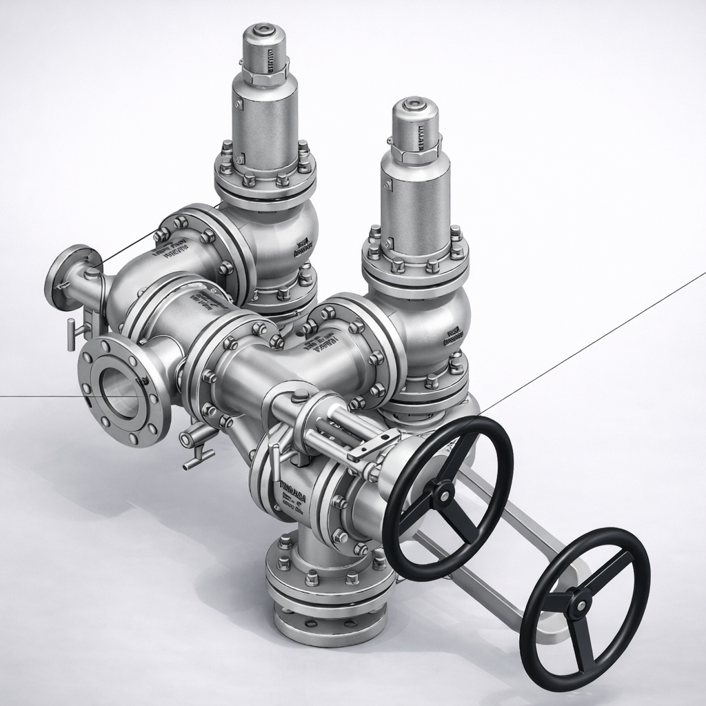 PSV changeover manifold with two flanged pressure safety valves and isolation handwheels