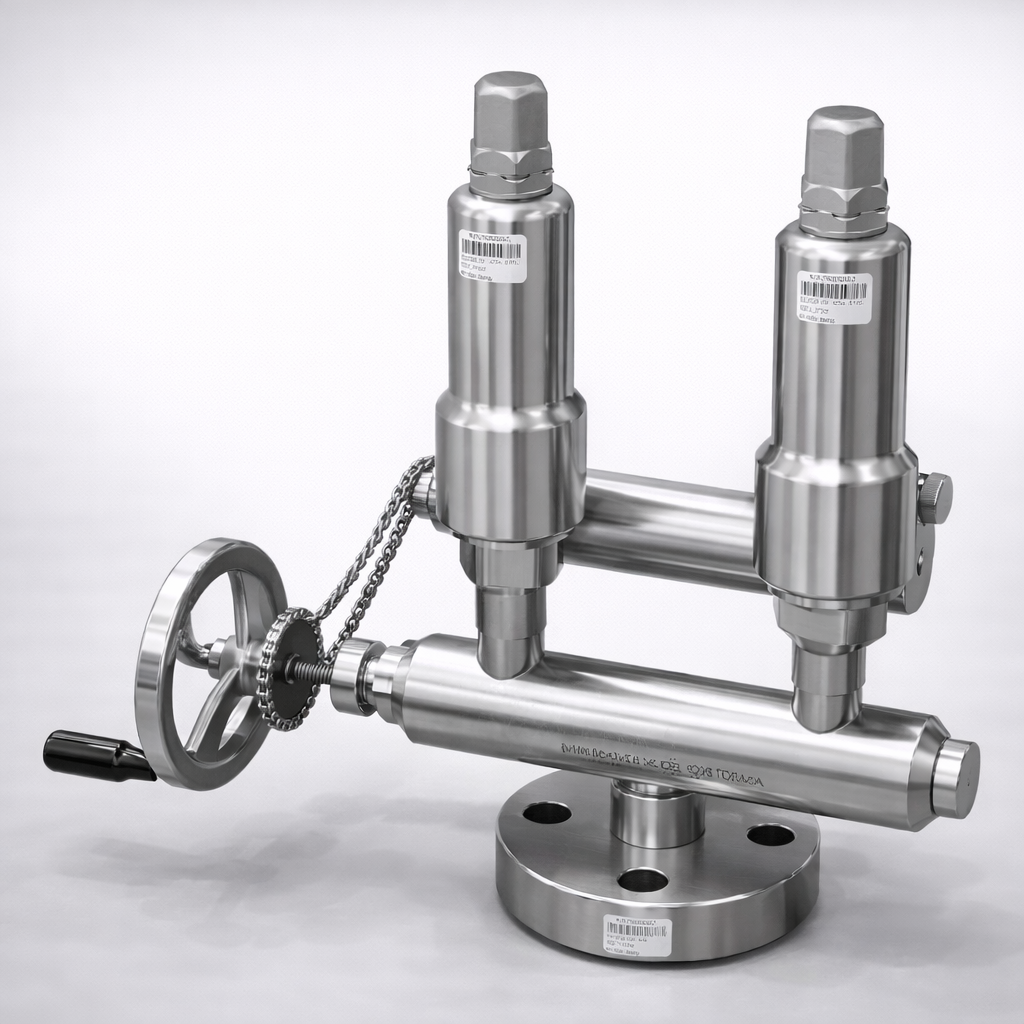 Compact PSV changeover system with two EF1216 pressure safety valves and chain-operated selector