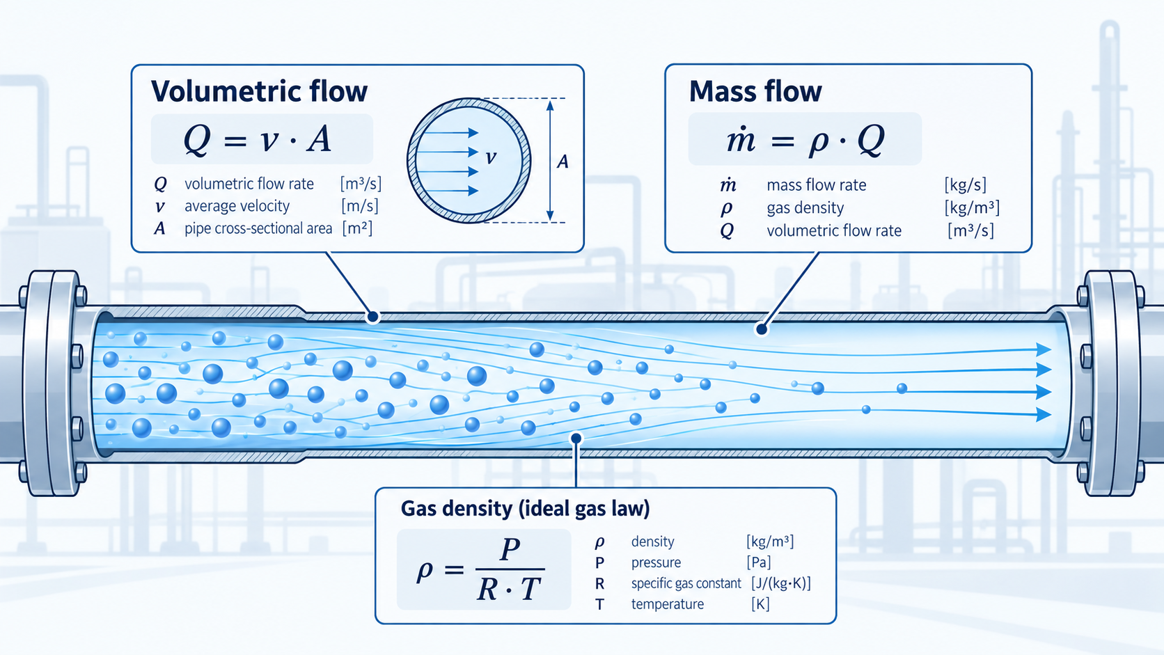 Mass flow and volumetric flow equations in a gas pipeline
